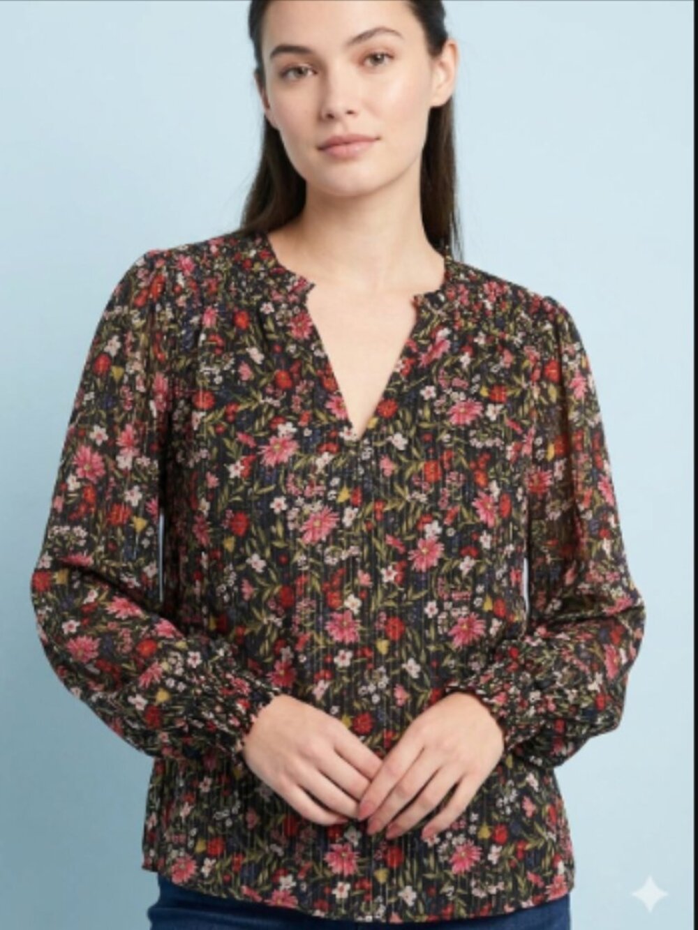 Old Navy Floral Smocked Metallic Shine Blouse Top XL